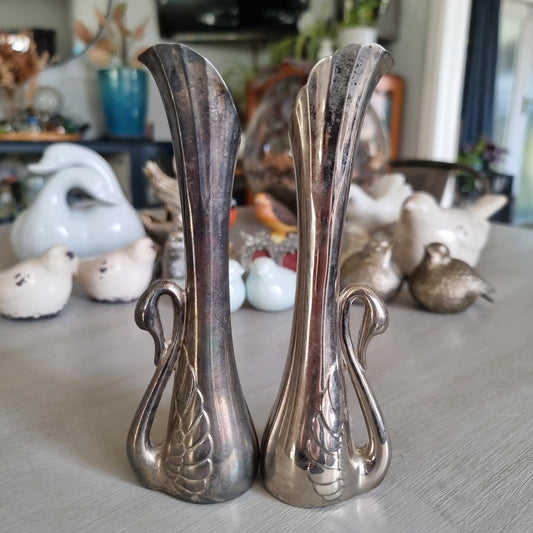 Pair of tall silver plated bud vases with swan handles and fluted tops