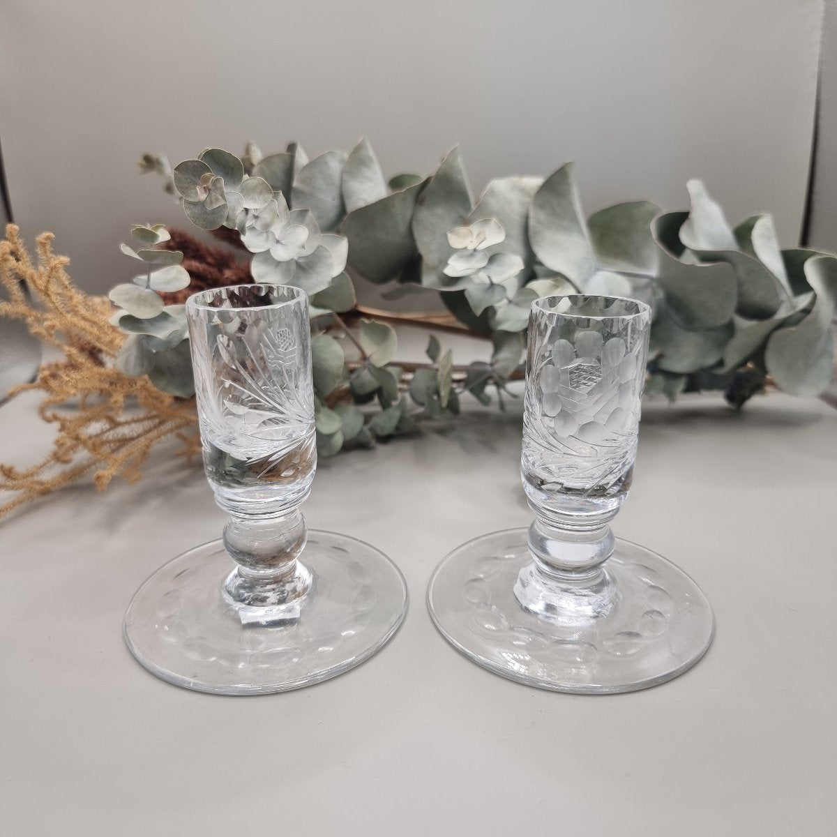 Vintage crystal candlesticks hand etched floral design